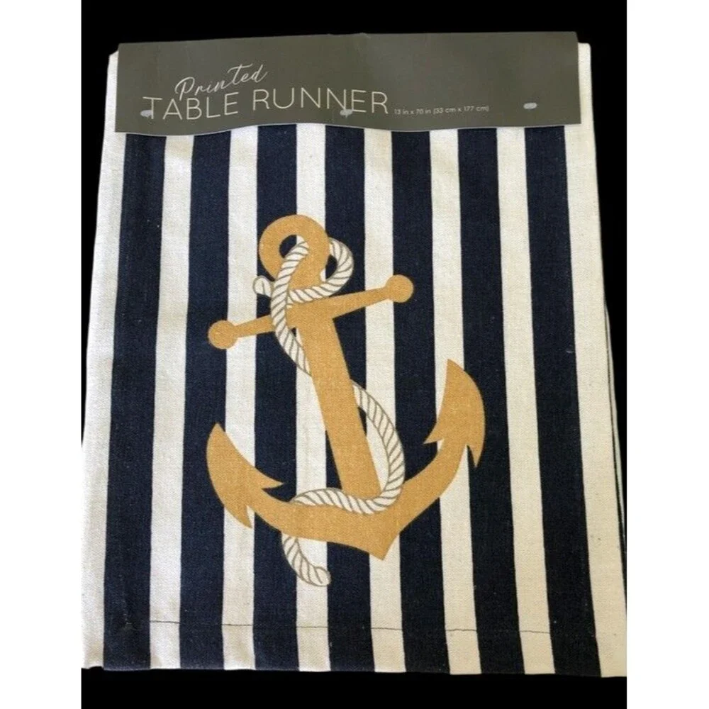 Nautical Anchor Table Runner Navy Blue White Stripe Beach Summer House 13X70